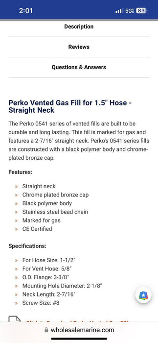 Marine PERKO Vented 1.5” Boat Marine GAS Deck Fill With Cap