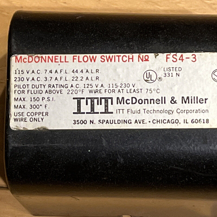 Mcdonnel & Miller FS4-3 Flow Switch 115/230VAC 160Psig Max 300°F Max