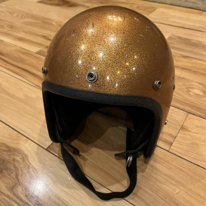 LSI-4150 Vintage 1960's Gold Metal Flake Racing Motorcyle Helmet Open Face USA