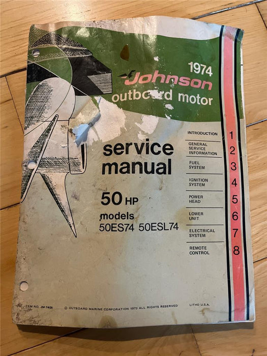 OEM 1974 Johnson 50hp Outboard Motor Repair Service Manual 50ES74 50ESL74