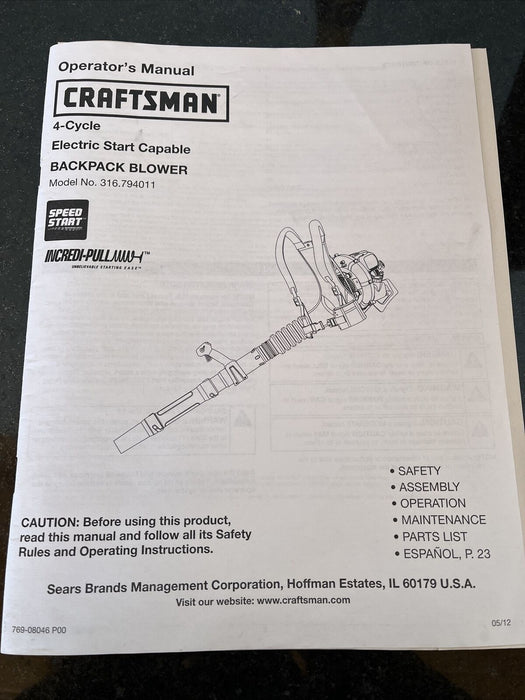 Owner’s Manual Sears Craftsman 4-Cycle Backpack Blower Model 316.794011