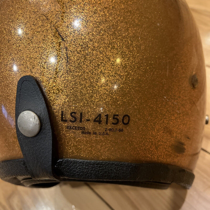 LSI-4150 Vintage 1960's Gold Metal Flake Racing Motorcyle Helmet Open Face USA