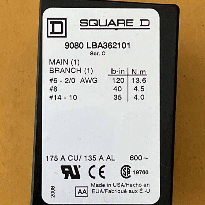 SQUARE D Power Distribution Block, 175A, 3P, 1P Secndry, 600VAC 9080LBA362101