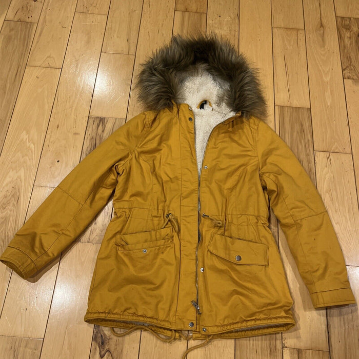 H&M Divided Jacket Womens 8 Mustard Faux Sherpa Lined Hooded Utility Parka Coat