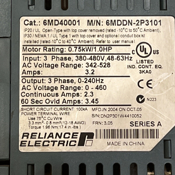 RELIANCE ELECTRIC 6MDDN-2P3101 AC DRIVE SER A (98406) MD60