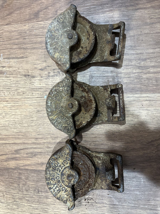 3 Vintage Barn Door Rollers Cast Iron Sliding Hardware F E Myers Stay On 1801