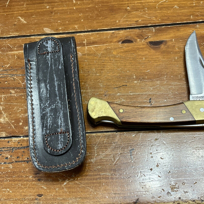 Vintage Schrade+ USA LB7 Knife Large Folding Hunter Lockback with Leather Sheath