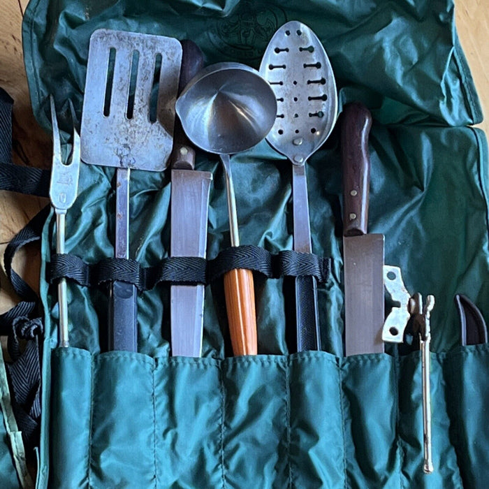 Large Lot Boy Scouts Cooking Utensils Mess Kit Vintage Camping Roll Up Bag Sets