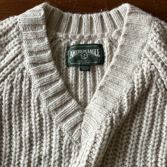 American Eagle Chunky Knit V Neck Sweater Womens XS Oversized Slouchy Sage Ivory