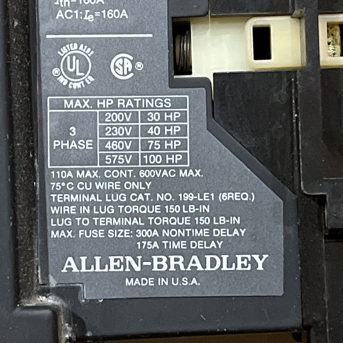 ALLEN BRADLEY 100-B110N*3 SERIES B CONTACTOR 3 PHASE 110 AMP 600 VOLT PRE-OWNED