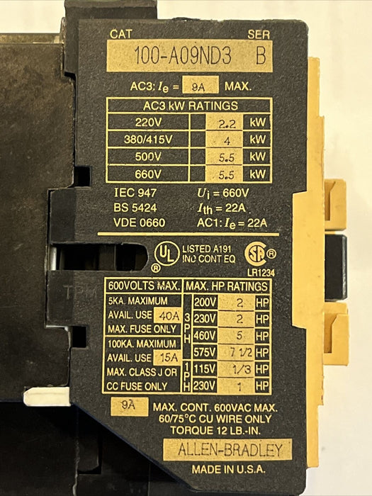 Allen-Bradley 100-A09ND3 Contactor, Series B, 120V Coil