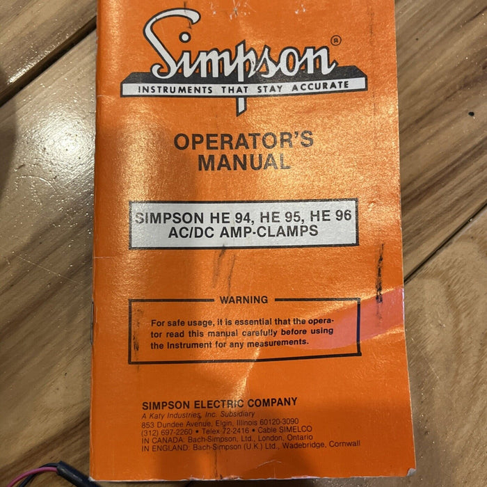 Simpson Amp-Clamp HE94 HE95 HE96 Leather Case Operators Manual & Leads