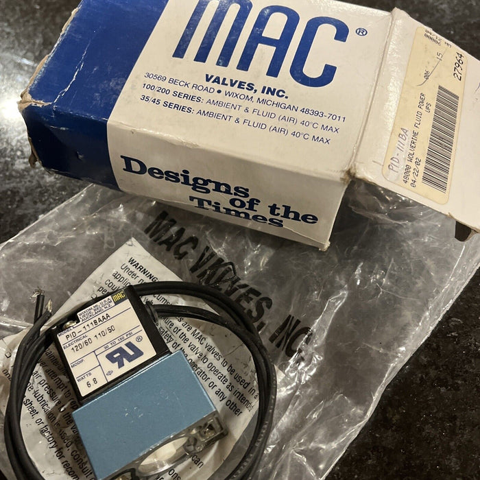 New MAC Valves Inc. PID-111BAAA 120/60 110/50 6.8 W Solenoid Valve