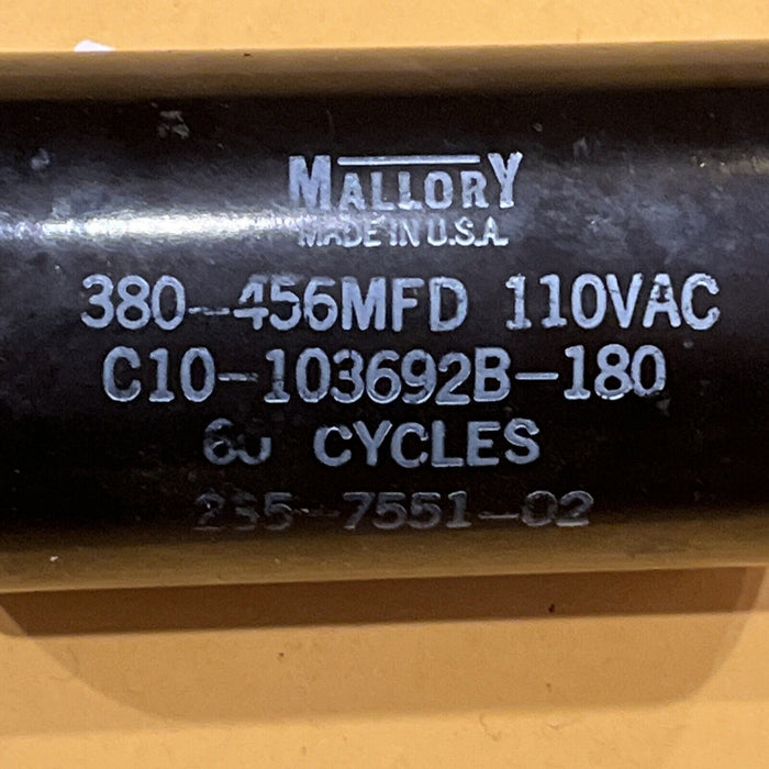 Mallory C10-103692B-180 Can Capacitor Vintage 255-7551-02 110VAC 380-456MFD