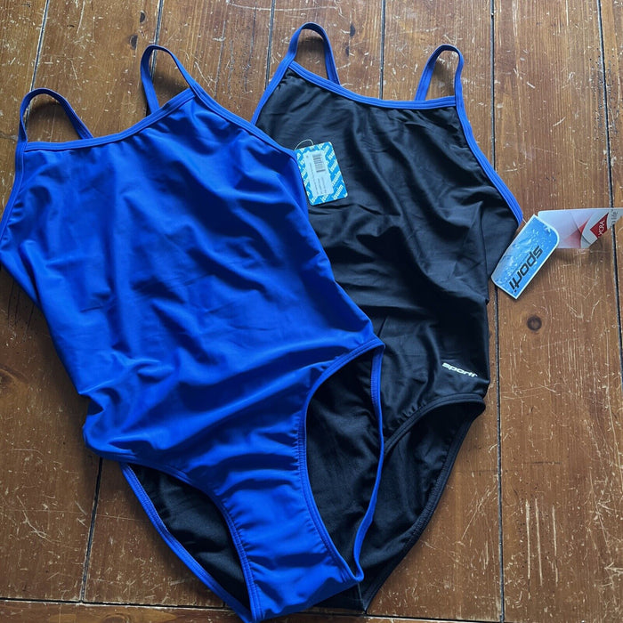 Lot of 2 iswim Sporti Women's Black Blue Solid Thin Strap Swimsuit Size 36 New