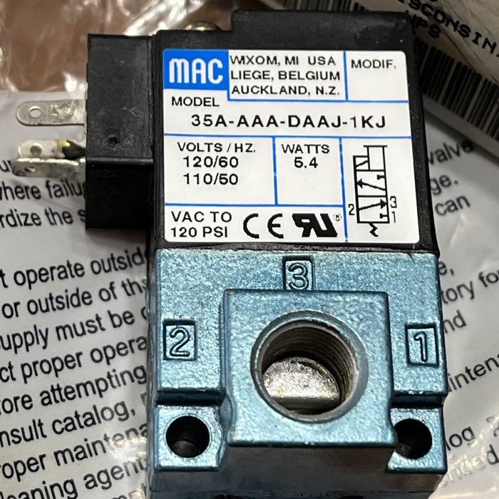 NEW OLD STOCK! MAC 120V 1/8" NPT 3-WAY SOLENOID VALVE 35A-AAA-DAAJ-1KJ