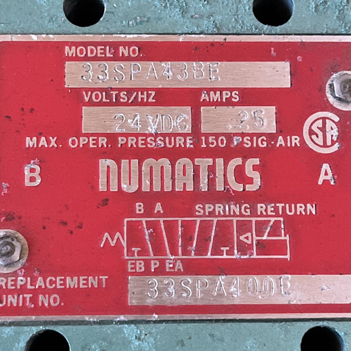 Numatics 33SPA400E 33SPA43BE Pneumatic Control Valve .25A 24VDC